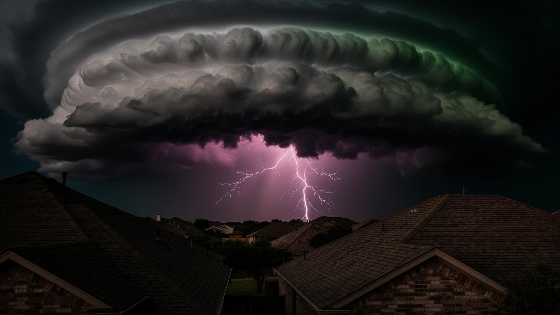 Supercell thunderstorm rolling across a North Texas neighborhood